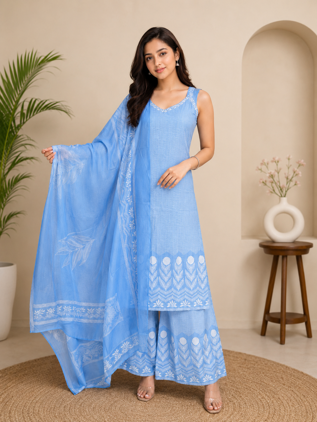 Savi Sizary Women's Sky Blue Embroidered Kurta Palazzo Set with Dupatta | Elegant Ethnic Suit Set | Festive, Wedding, Office & Party Wear