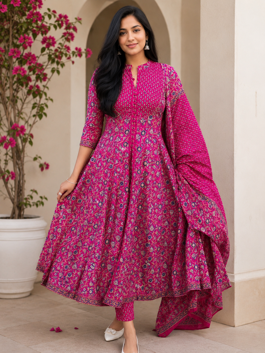 Savi Sizary Women's Pink Floral Printed Anarkali Kurta Pant & Dupatta Set