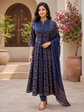 Savi Sizary Women's Navy Blue Floral Printed Anarkali Kurta Pant Dupatta Set | Premium Ethnic Suit Set | Wedding, Festive & Party Wear