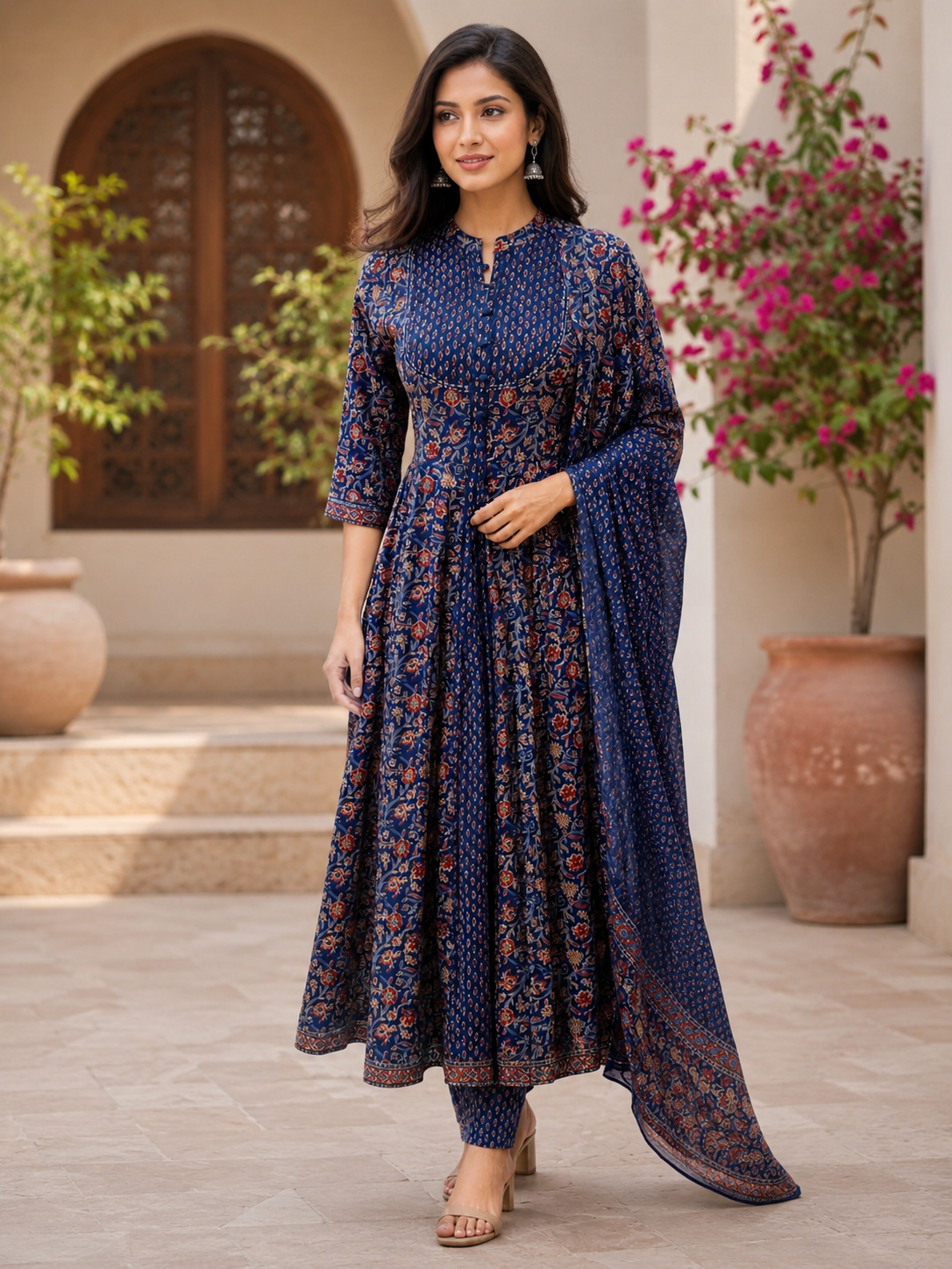 Savi Sizary Women's Navy Blue Floral Printed Anarkali Kurta Pant Dupatta Set | Premium Ethnic Suit Set | Wedding, Festive & Party Wear