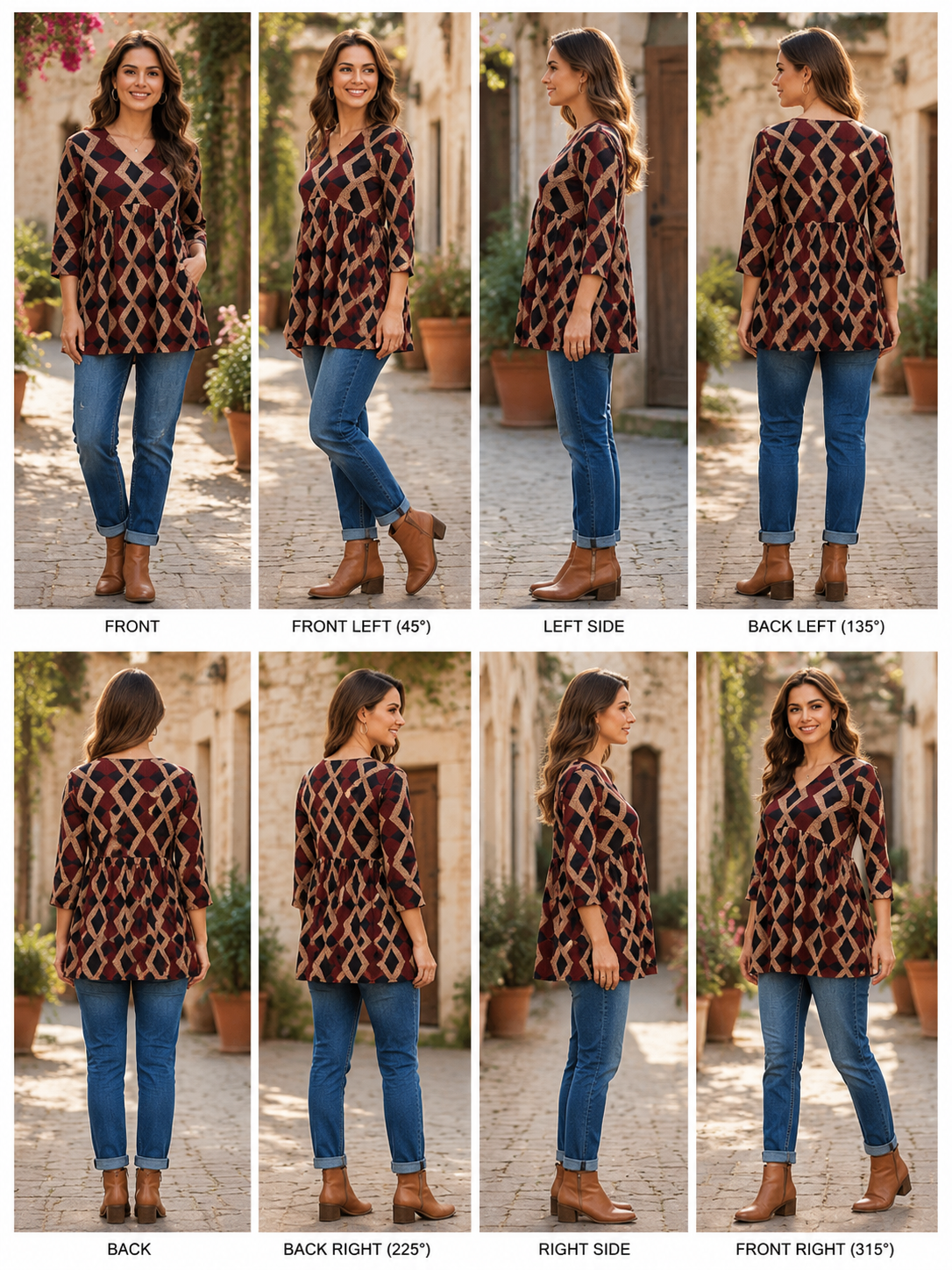 Women's Maroon & Black Geometric Printed Rayon Peplum Top | V-Neck Casual Tunic | 3/4 Sleeves