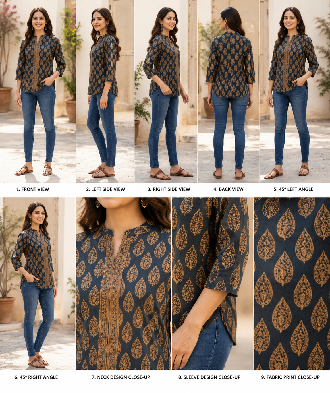 Women's Navy Blue & Brown Printed Cotton Casual Top | 3/4 Sleeves | Ethnic Fusion Wear