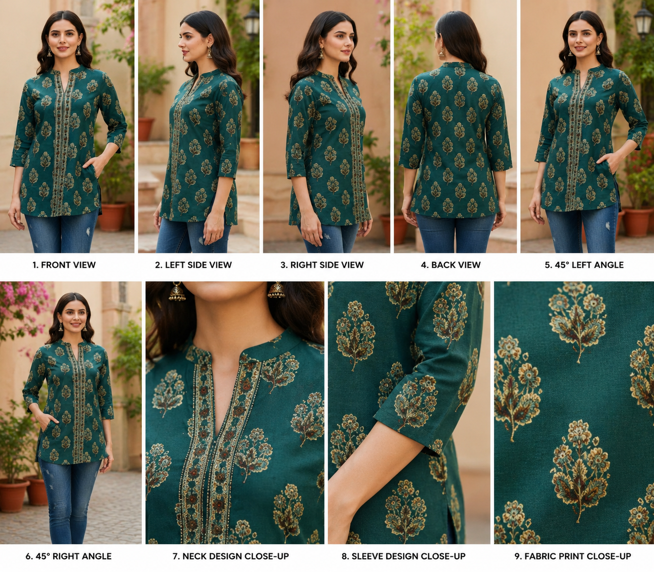 Women's Green Printed Cotton Casual Kurti Top | 3/4 Sleeve Ethnic Tunic