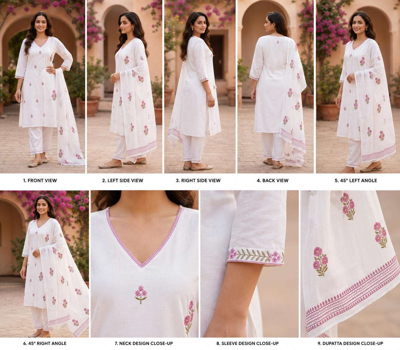 Women's White Cotton Floral Embroidered Kurta Pant & Dupatta Set