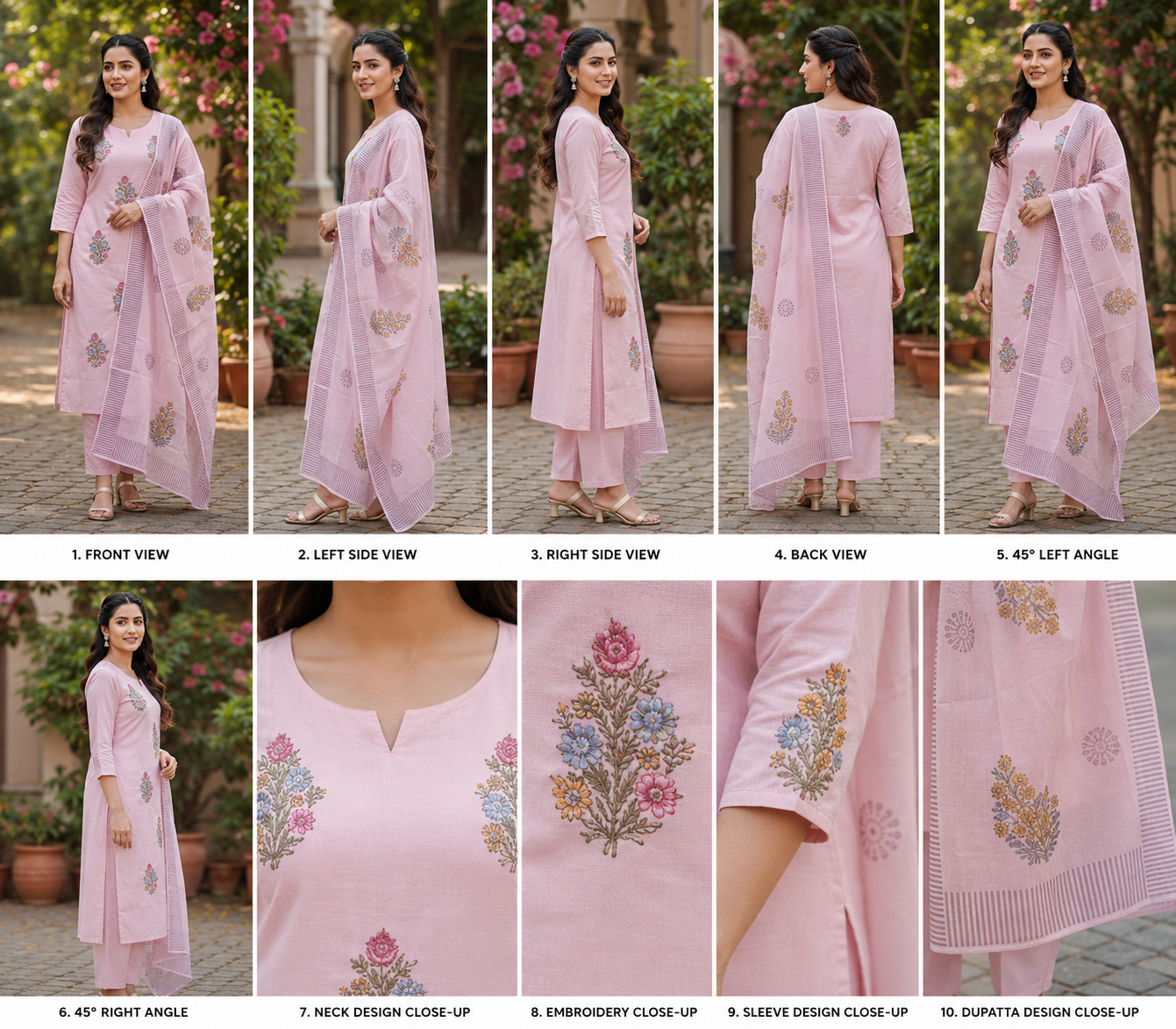 Women's Pink Floral Embroidered Cotton Kurta Pant with Dupatta Set