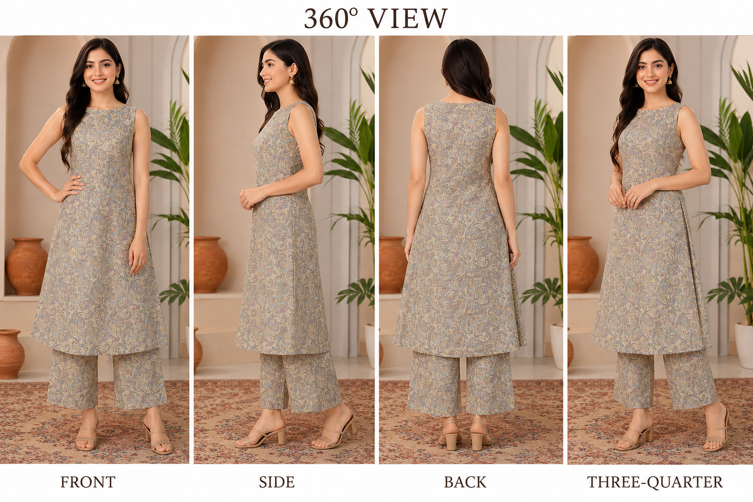 Savi Sizary Women's Beige Paisley Printed A-Line Kurta with Palazzo Pant Set | Elegant Ethnic Kurta Set | Casual, Office, Festive & Party Wear