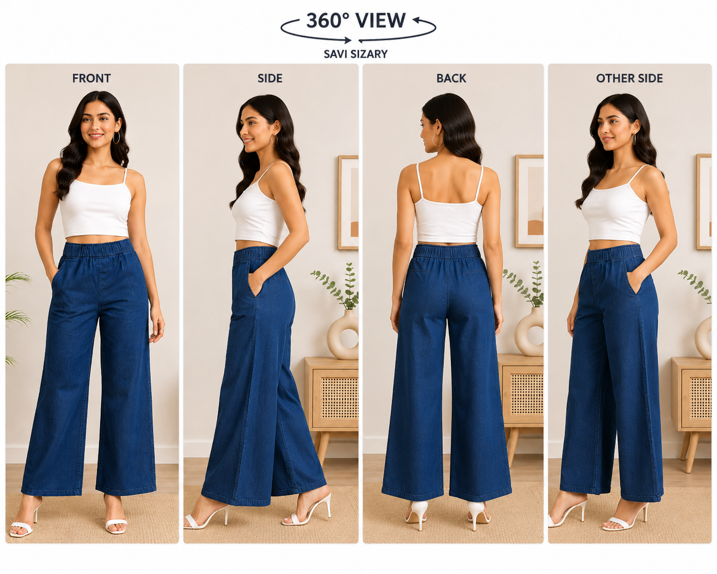 Savi Sizary Women's Blue Denim Wide Leg Palazzo Pants | High Waist Elastic Waist Casual Palazzo | Comfortable Daily, Office & Travel Wear