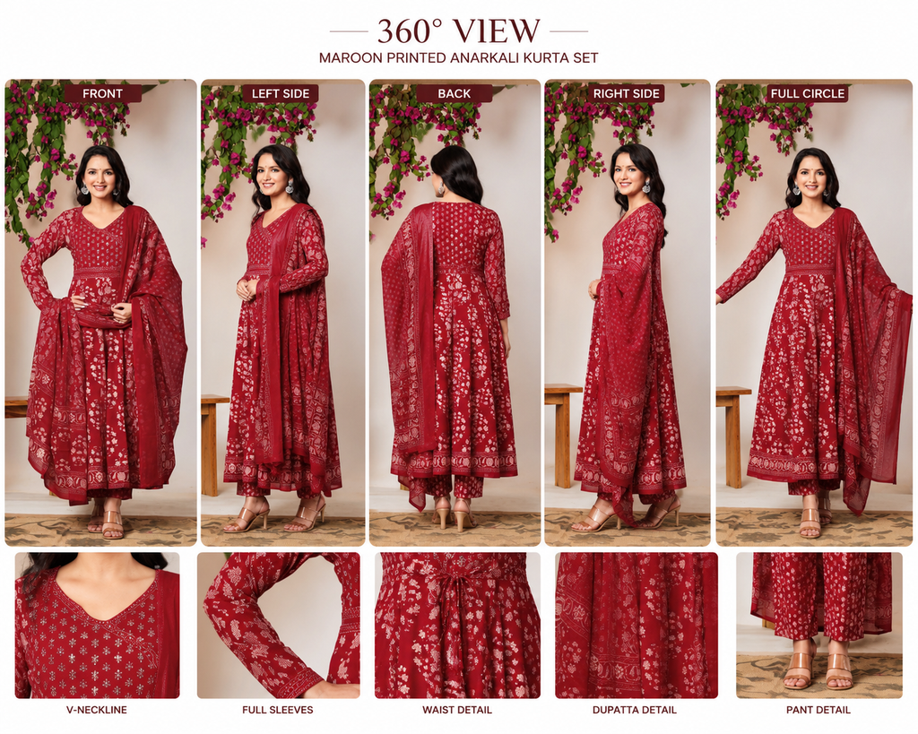 Savi Sizary Women's Maroon Printed Anarkali Kurta Set with Dupatta | Cotton Blend Ethnic Suit Set | Festive, Wedding, Party & Traditional Wear