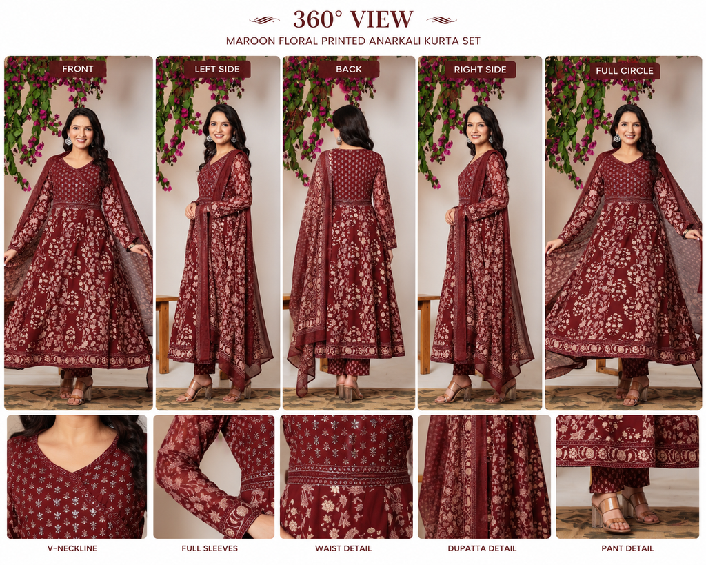 Savi Sizary Women's Maroon Floral Printed Anarkali Kurta Set with Dupatta | Cotton Blend Ethnic Suit Set | Festive, Wedding, Party & Traditional Wear