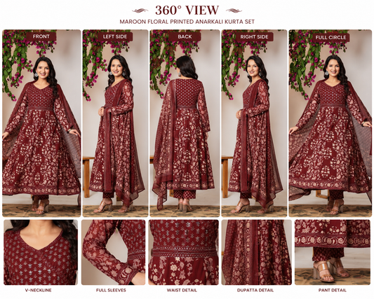 Savi Sizary Women's Maroon Floral Printed Anarkali Kurta Set with Dupatta | Cotton Blend Ethnic Suit Set | Festive, Wedding, Party & Traditional Wear