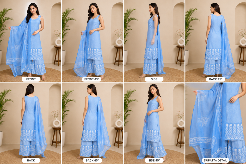 Savi Sizary Women's Sky Blue Embroidered Kurta Palazzo Set with Dupatta | Elegant Ethnic Suit Set | Festive, Wedding, Office & Party Wear