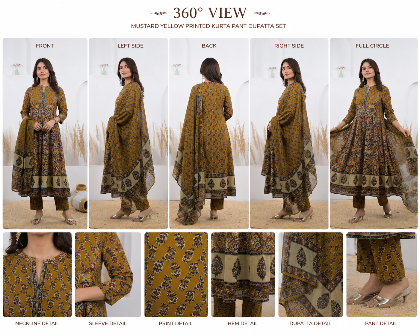 Savi Sizary Women's Mustard Yellow Printed Kurta Pant Dupatta Set | Elegant Ethnic Suit Set | Festive, Wedding, Office & Casual Wear