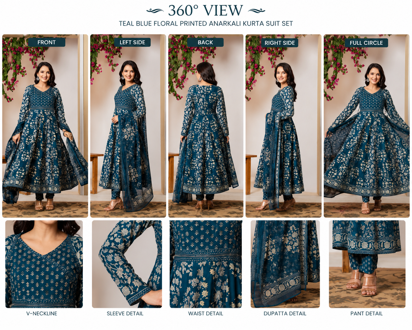 Women's Teal Blue Floral Printed Anarkali Kurta Pant & Dupatta Set