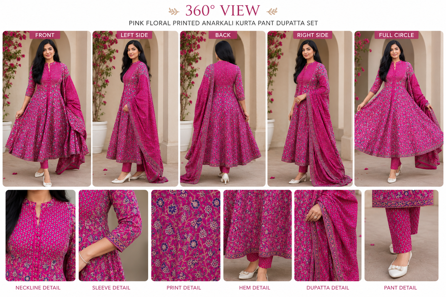 Savi Sizary Women's Pink Floral Printed Anarkali Kurta Pant & Dupatta Set