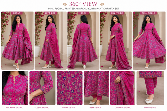 Savi Sizary Women's Pink Floral Printed Anarkali Kurta Pant Dupatta Set | Elegant Ethnic Suit Set | Festive, Wedding, Party & Traditional Wear