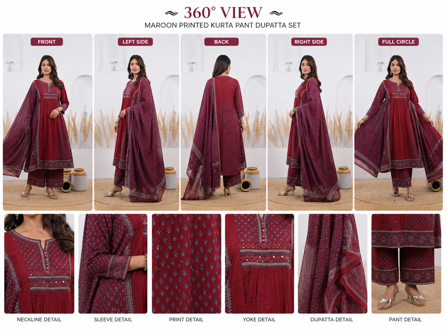 Savi Sizary Women's Maroon Printed Kurta Pant Dupatta Set | Elegant Ethnic Suit Set | Festive, Wedding, Office & Party Wear