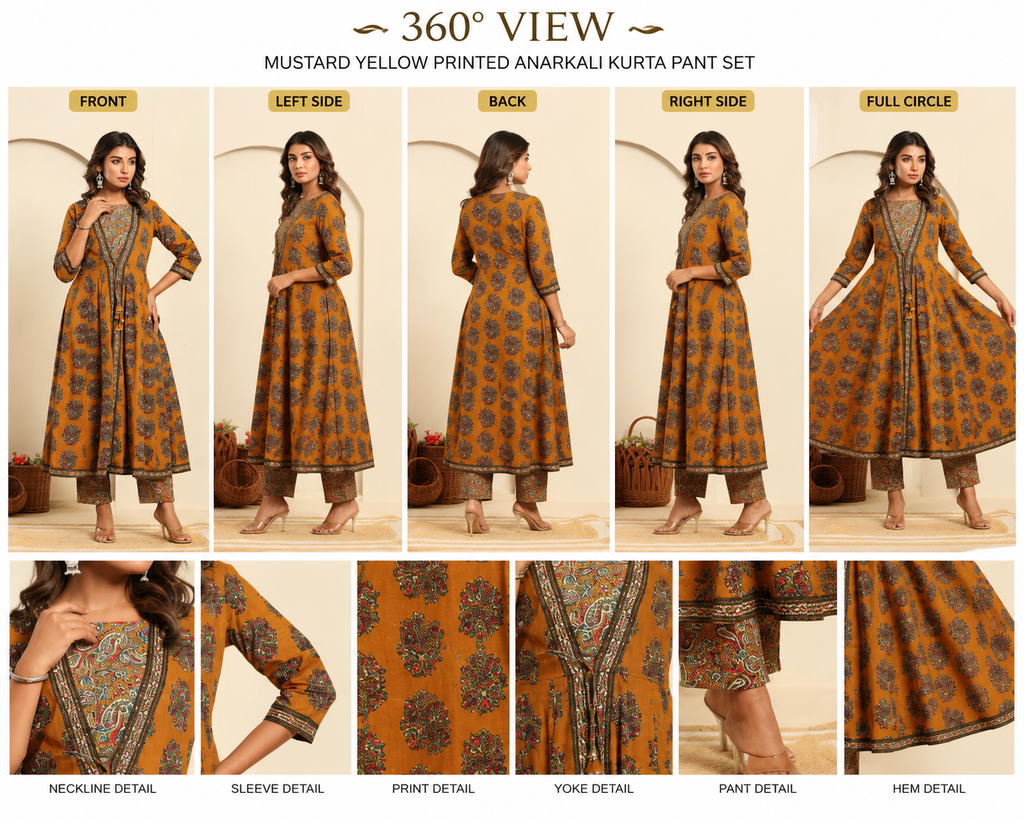 Savi Sizary Women's Mustard Yellow Printed Anarkali Kurta Pant Set | Elegant Ethnic Suit Set | Festive, Wedding & Traditional Wear