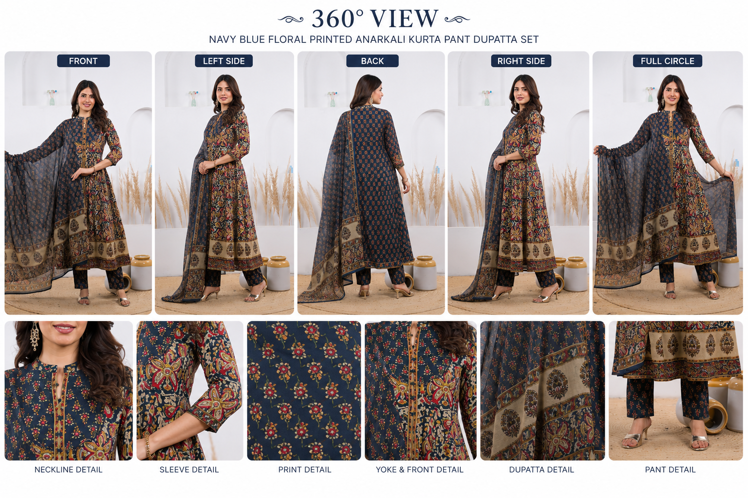 Savi Sizary Women's Navy Blue Floral Printed Anarkali Kurta Pant Dupatta Set | Elegant Ethnic Suit Set | Wedding, Festive & Party Wear