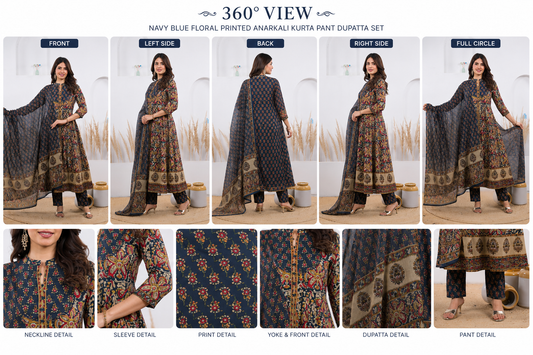 Savi Sizary Women's Navy Blue Floral Printed Anarkali Kurta Pant Dupatta Set | Elegant Ethnic Suit Set | Wedding, Festive & Party Wear