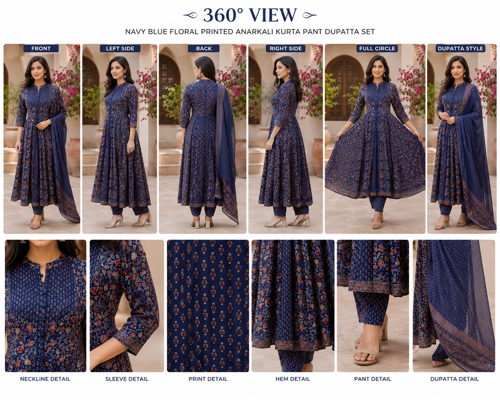 Savi Sizary Women's Navy Blue Floral Printed Anarkali Kurta Pant Dupatta Set | Premium Ethnic Suit Set | Wedding, Festive & Party Wear