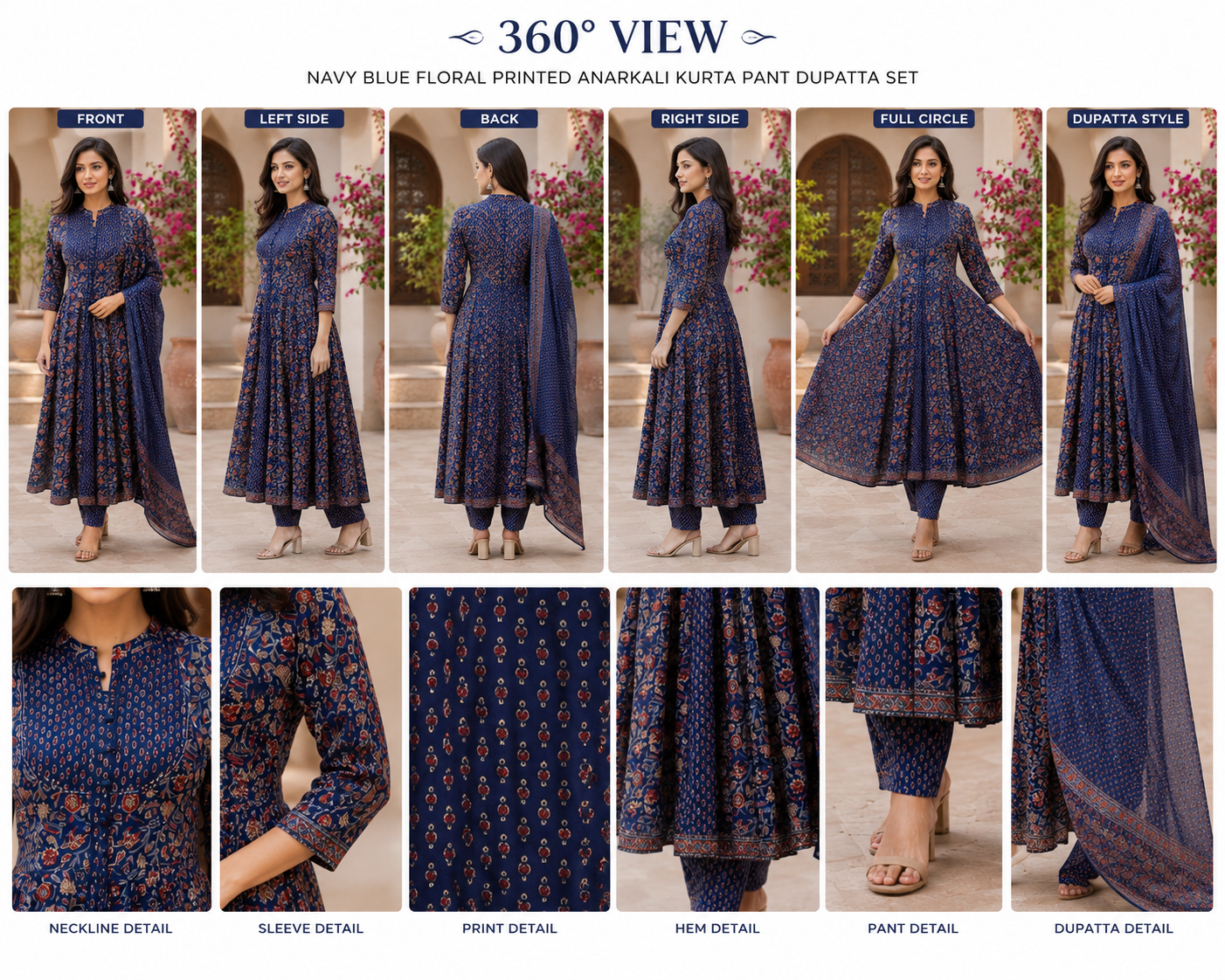Savi Sizary Women's Navy Blue Floral Printed Anarkali Kurta Pant Dupatta Set | Premium Ethnic Suit Set | Wedding, Festive & Party Wear