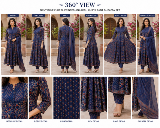 Savi Sizary Women's Navy Blue Floral Printed Anarkali Kurta Pant Dupatta Set | Premium Ethnic Suit Set | Wedding, Festive & Party Wear