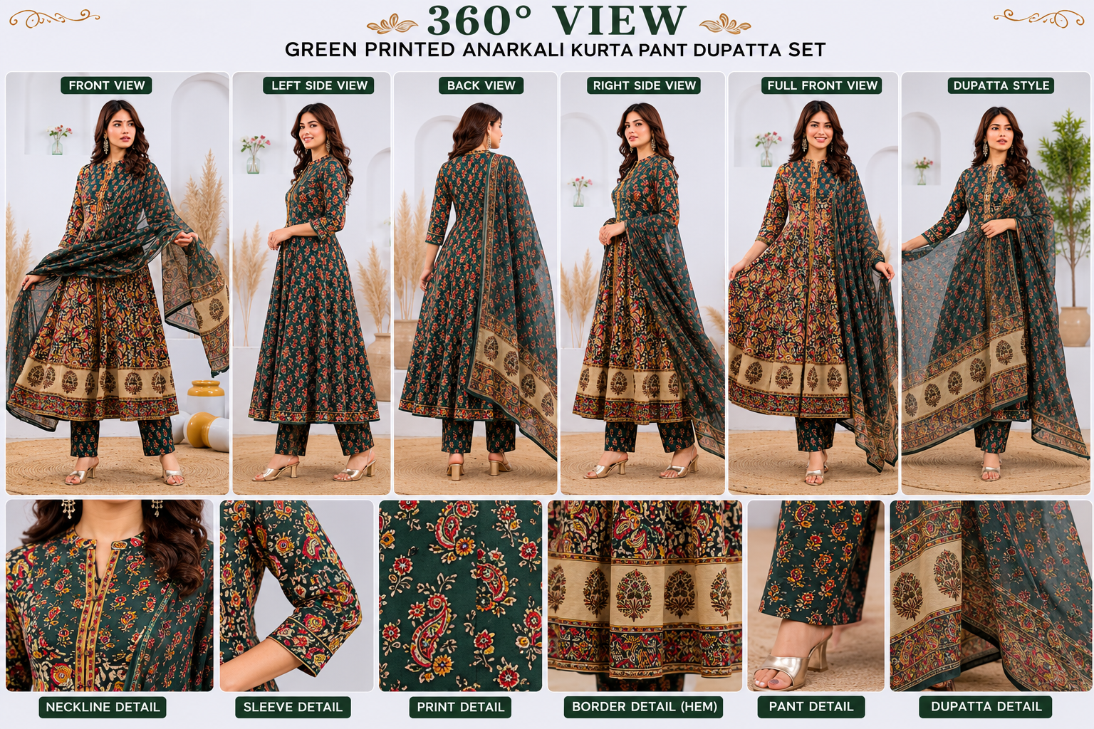 Savi Sizary Women's Elegant Green Printed Anarkali Kurta Set with Dupatta | Ethnic Suit Set | Festive, Wedding & Party Wear