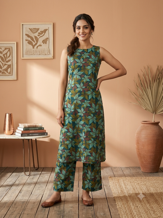 Women's Printed Kurta Pant Co-ord Set | Sleeveless Floral Print Ethnic Wear