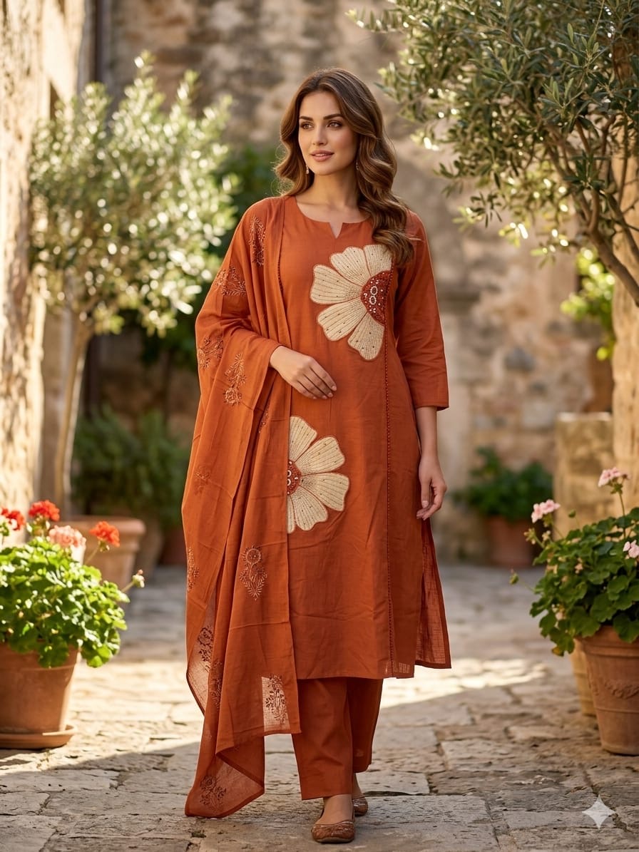 Women's Floral Printed Cotton Blend Kurta Pant with Dupatta Set