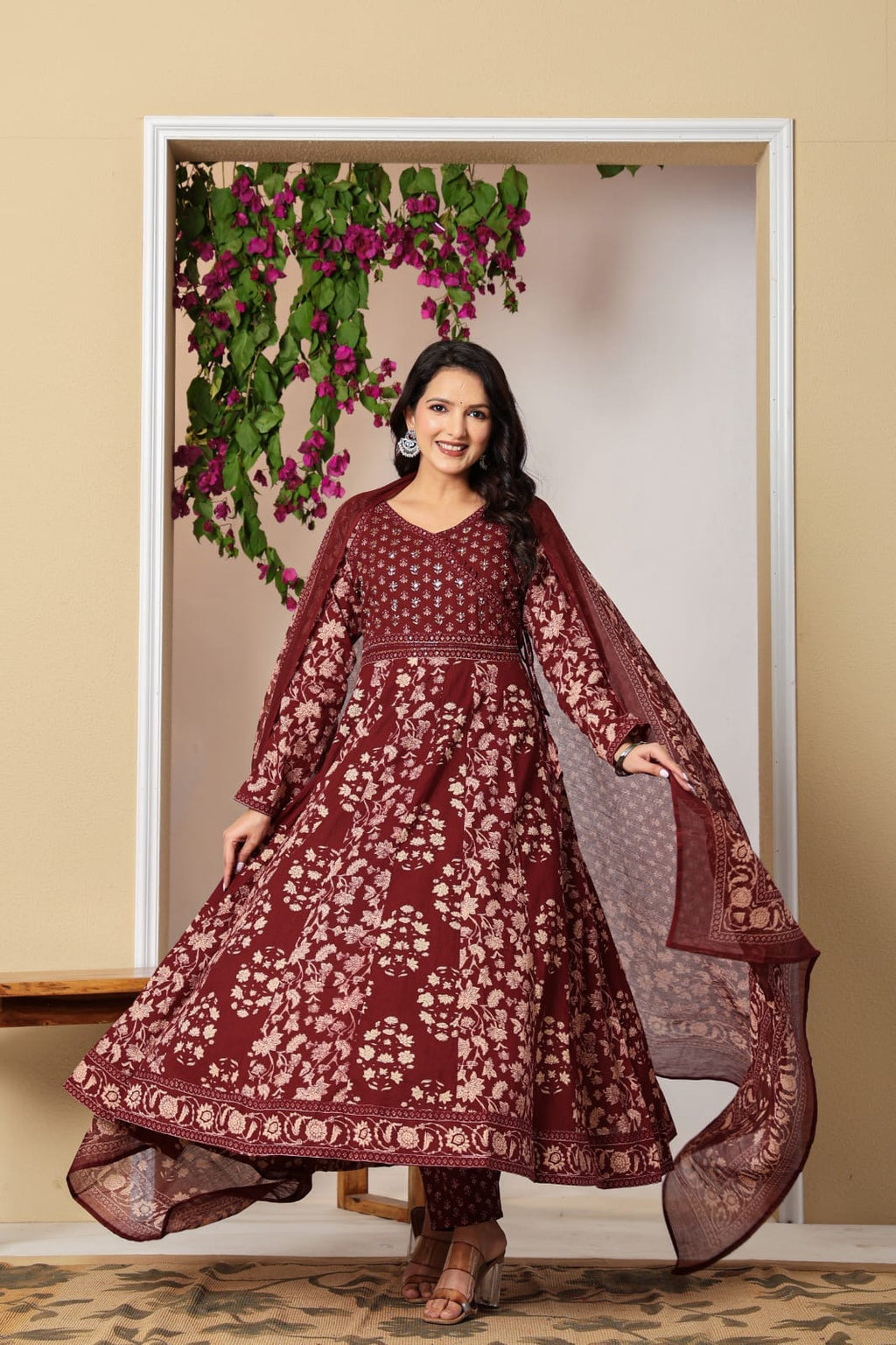 Savi Sizary Women's Maroon Floral Printed Anarkali Kurta Set with Dupatta | Cotton Blend Ethnic Suit Set | Festive, Wedding, Party & Traditional Wear