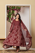 Savi Sizary Women's Maroon Floral Printed Anarkali Kurta Set with Dupatta | Cotton Blend Ethnic Suit Set | Festive, Wedding, Party & Traditional Wear