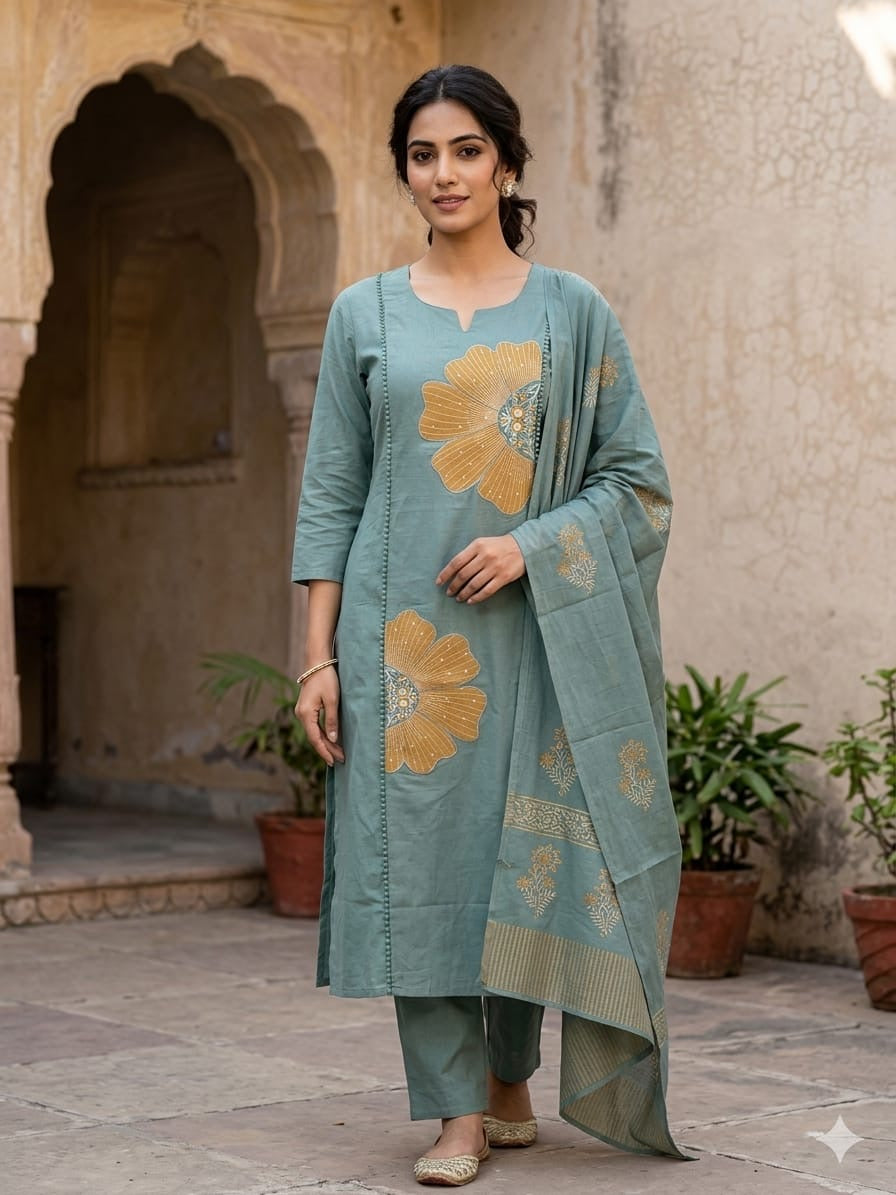Women's Floral Printed Cotton Blend Kurta Pant with Dupatta Set