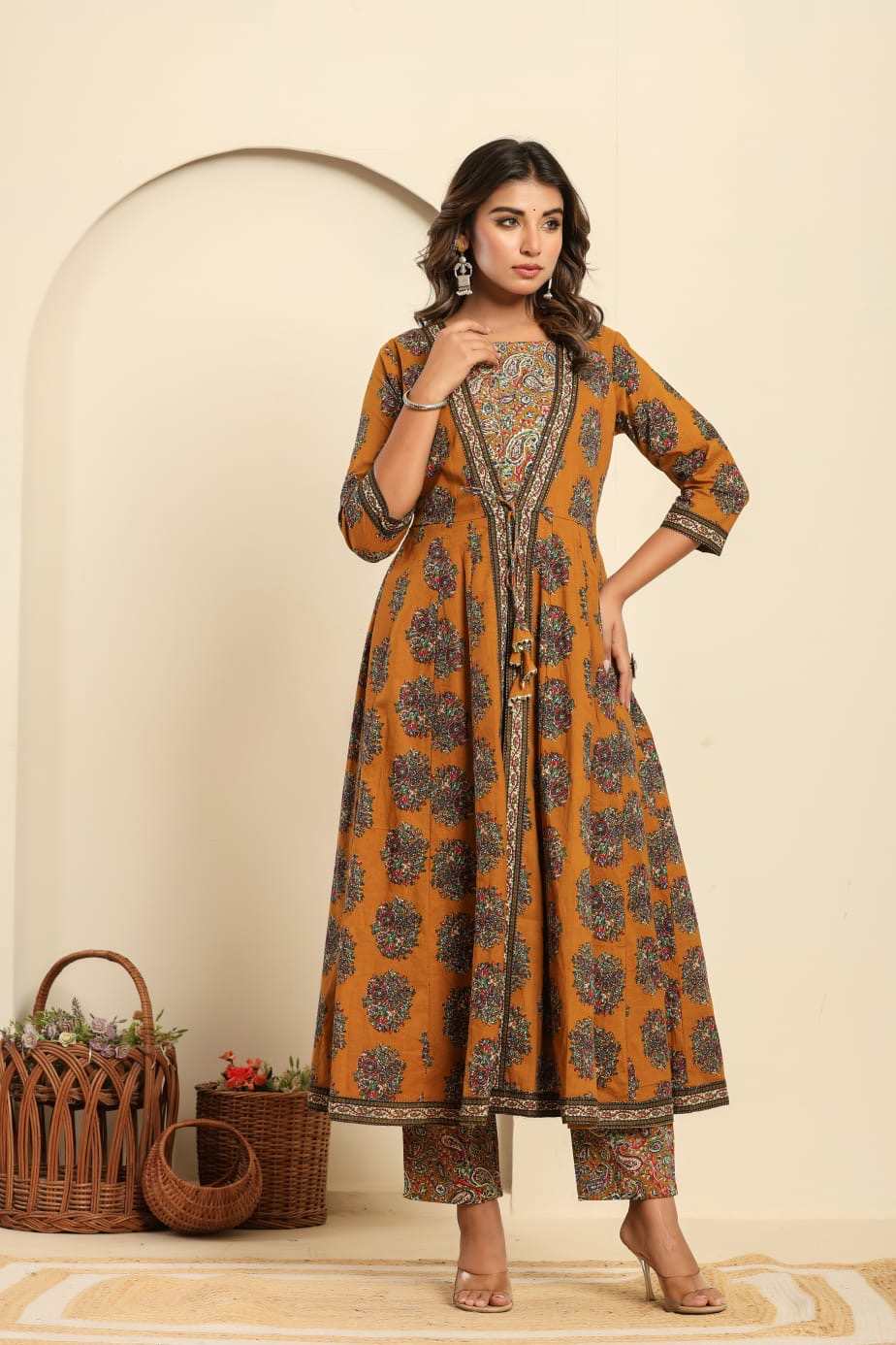 Savi Sizary Women's Mustard Yellow Printed Anarkali Kurta Pant Set | Elegant Ethnic Suit Set | Festive, Wedding & Traditional Wear