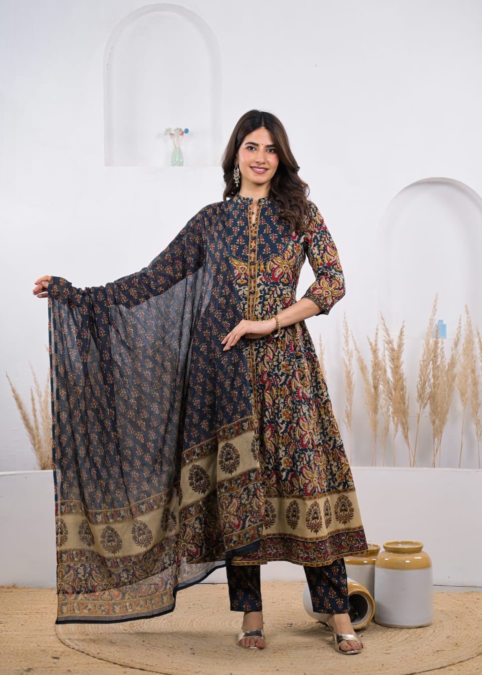 Savi Sizary Women's Navy Blue Floral Printed Anarkali Kurta Pant Dupatta Set | Elegant Ethnic Suit Set | Wedding, Festive & Party Wear
