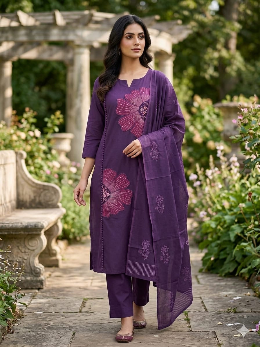 Women's Floral Printed Cotton Blend Kurta Pant with Dupatta Set