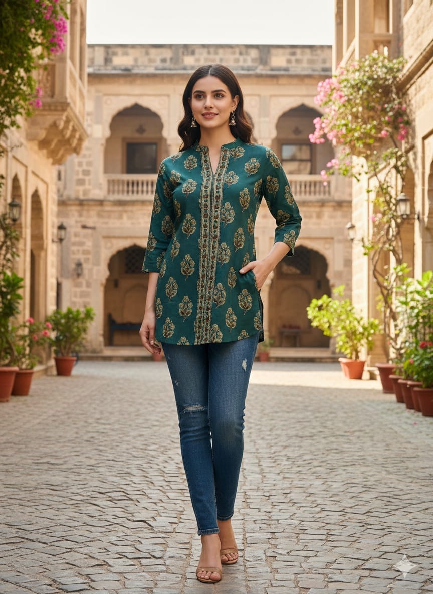 Women's Green Printed Cotton Casual Kurti Top | 3/4 Sleeve Ethnic Tunic