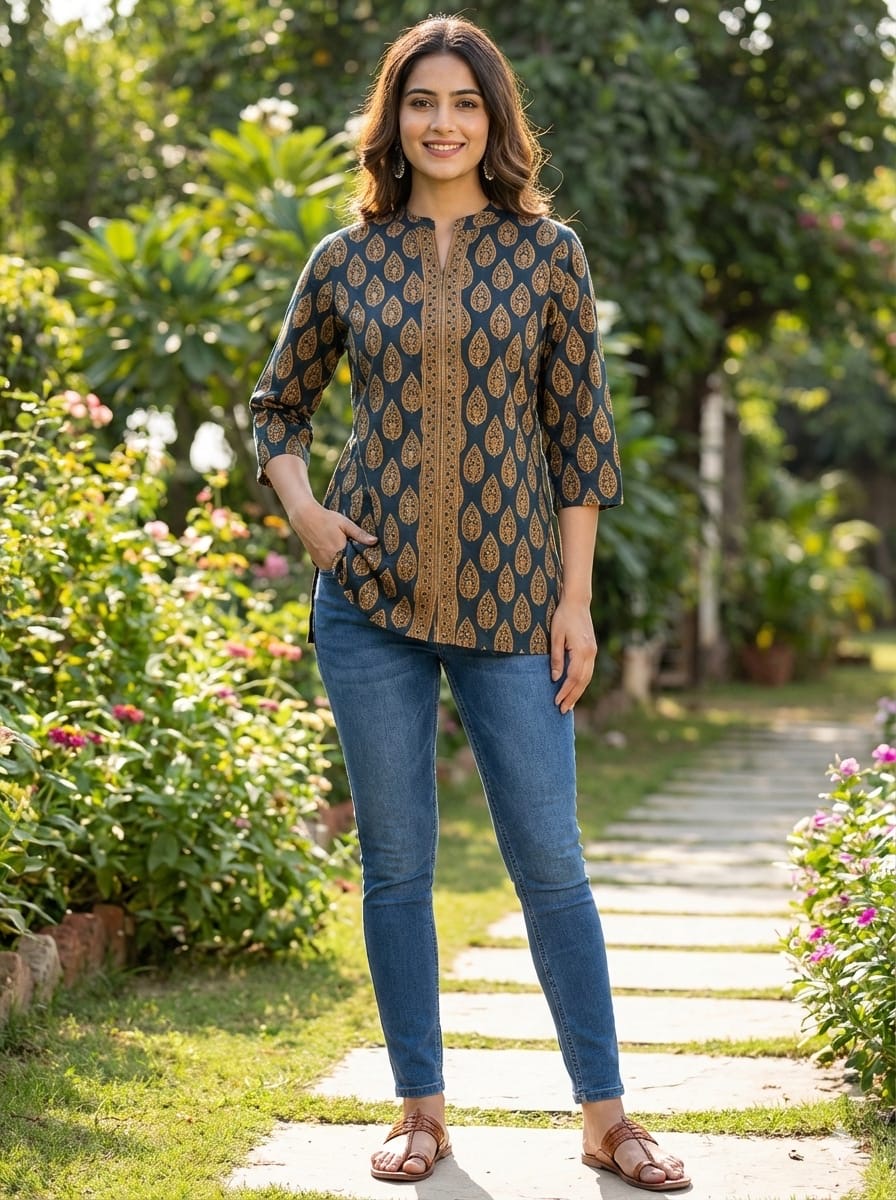 Women's Navy Blue & Brown Printed Cotton Casual Top | 3/4 Sleeves | Ethnic Fusion Wear