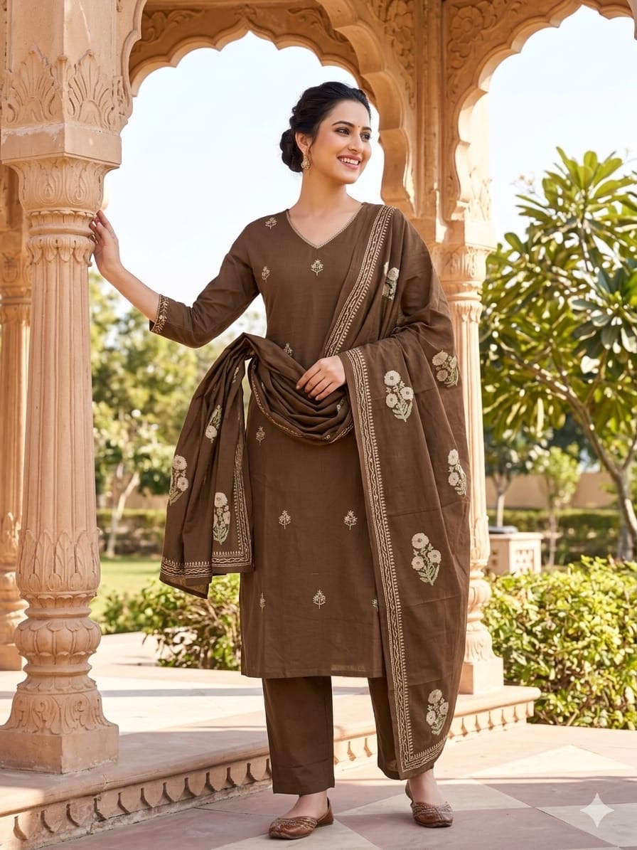 Savi Sizary Women's Cotton Blend Embroidered Kurta Pant with Dupatta Set | Elegant Ethnic Wear for Women | Festive, Office & Casual Wear