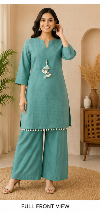 Women's Teal Cotton Blend Kurta Palazzo Co-Ord Set | Elegant Casual & Festive Wear
